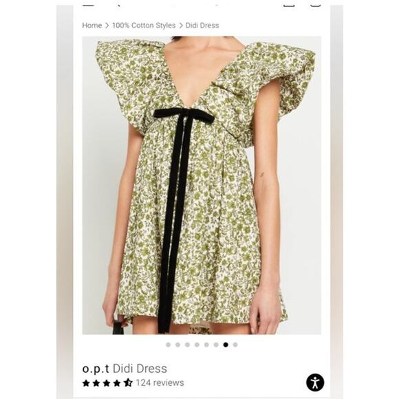o.p.t Didi Dress Green Floral Puff Sleeve Mini Velvet Bow Size S (Zipper Issue) - Picture 5 of 15
